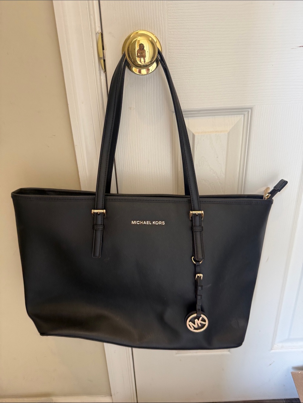 Michael Kors Black Leather Logo Tote with Gold Hardware